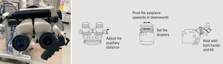 Binocular tube (left) and settings for the surgeon’s or assistant’s operating parameters (right).
