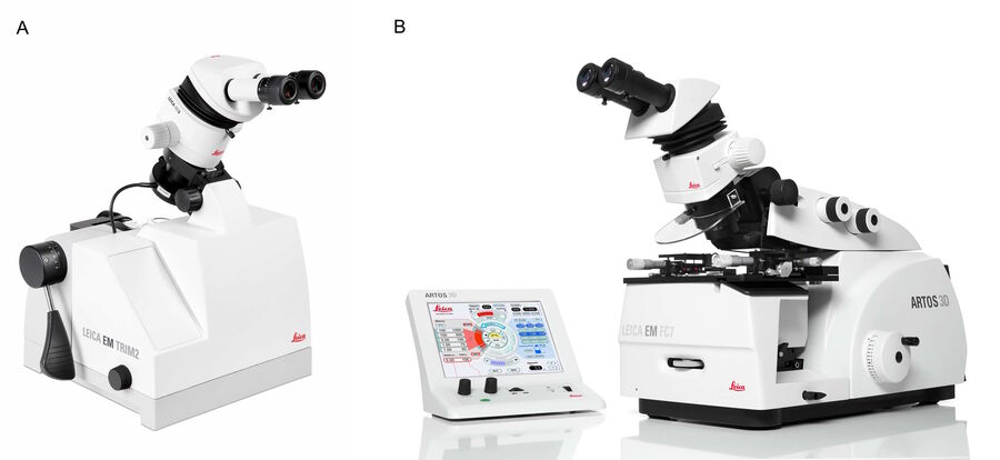 A) The EM TRIM2 device for rapid trimming of resin-embedded specimens via high speed milling prior to ultramicrotomy. B) The ARTOS 3D ultramicrotome for ultrathin sectioning of resin-embedded specimens. Both devices are from Leica Microsystems.