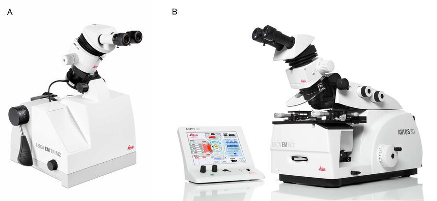 图2：A）EM TRIM2设备用于在超薄切片前通过高速铣削对树脂包埋的试样进行快速剪切。B）ARTOS 3D超薄切片机用于树脂包埋试样的超薄切片。两种设备均来自徕卡显微系统公司。