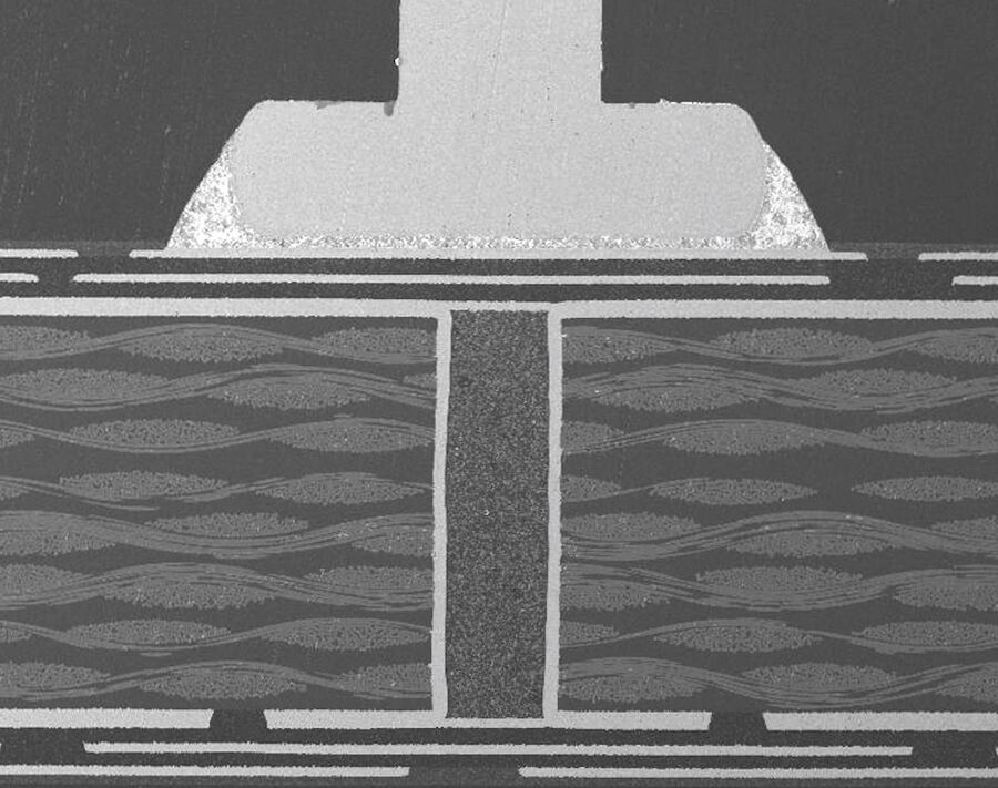 Figure 1: Electron microscope image of a PCB cross section with soldered pin which was prepared using the EM TXP.