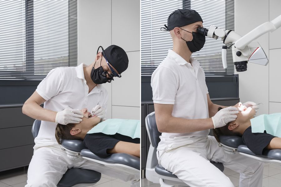 Hunched working position without a microscope (left) and upright neutral posture achieved with the M320 dental microscope (right).