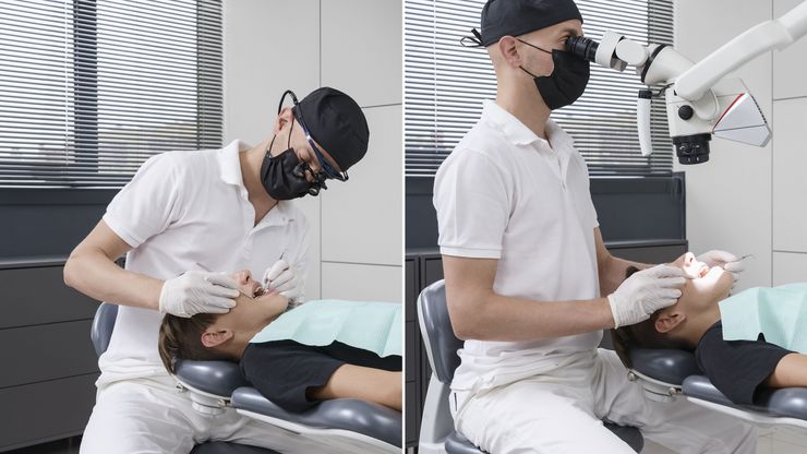 Hunched working position without a microscope (left) and upright neutral posture achieved with the M320 dental microscope (right).