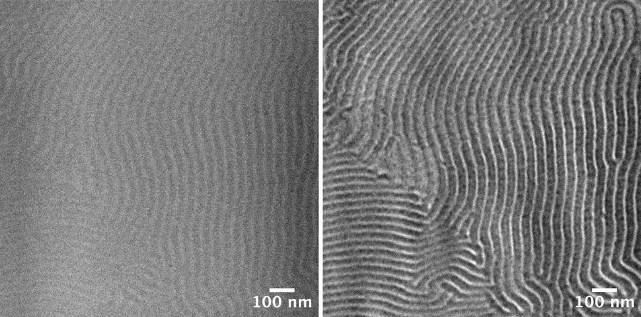 TEM micrographs of poly(styrene)-b-poly(methyl methacrylate). Left: Standard TEM micrograph without phase contrast. Right: Same image position with phase contrast.
