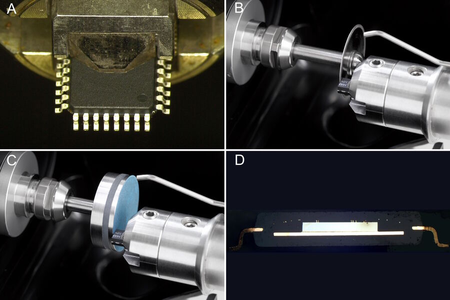 Fig. 2: Preparation of an IC-chip cross section: A) chip mounted on the sample holder, B) sawing of the chip to expose the cross section, C) grinding and polishing of the chip cross section, and D) final image of the prepared chip cross section.