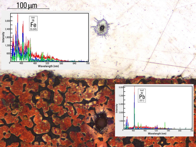 Examination of a metallic interface with the DM6 M LIBS solution shows a lead layer (lower) over steel (upper).
