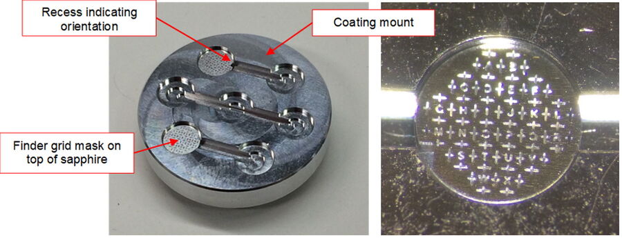 Orientation of finder grid on sapphires for subsequent coating