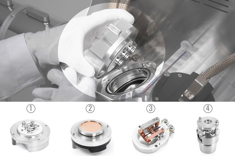 Ports configurables ACE600 pour deux sources. Faites votre choix : 1-Évaporation à fil carbone | 2- Pulvérisation cathodique | 3- Évaporation à crayon de carbone | 4- Évaporation sous faisceau électronique