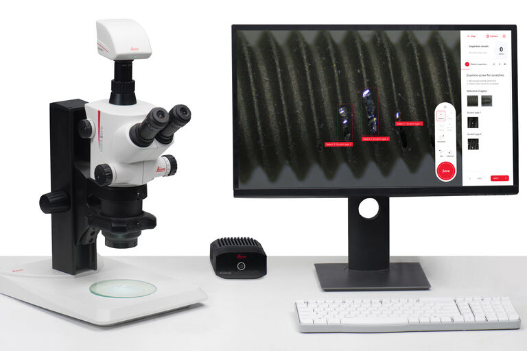 Stereomicroscopio S APO Greenough con telecamera per microscopia FLEXACAM C1 e dispositivo smart Exalta per la microscopia tracciabile.
