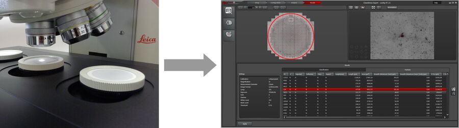 [Translate to German:] Particles on filters imaged with an optical microscope and then analyzed.