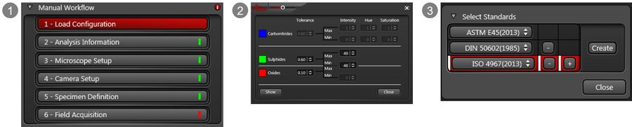 图16：对于LAS（徕卡应用程序套件）X Steel Expert 手动解决方案：1）选择手动分析方法；2）根据每种夹杂物类型定义检测限；3）选择要应用的标准和方法。