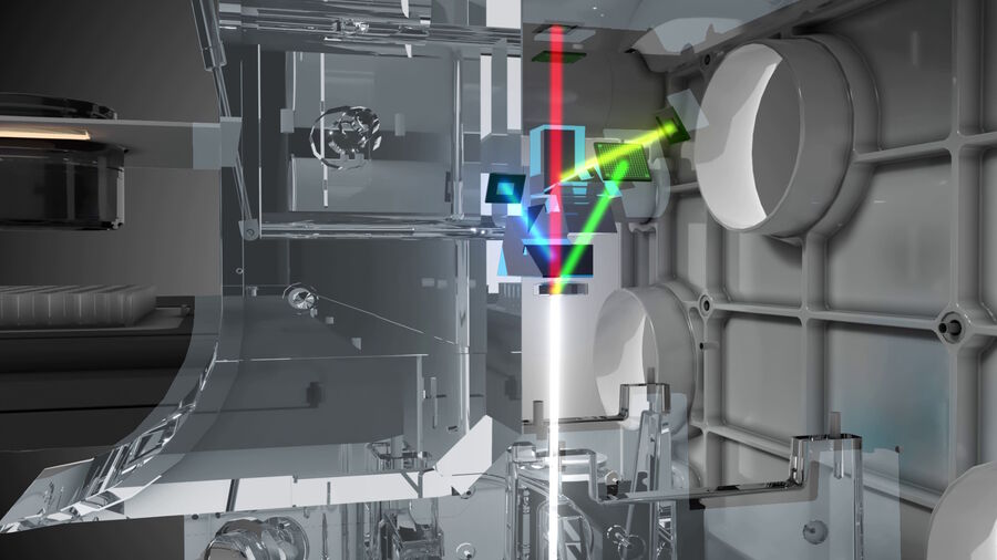 Figure 3: The multi-sensor array at the heart of FluoSync detects multiple colors of the sample at the same time. Each color is detected with its own sensor. As a result, each color is captured at the full resolution of the detectors, rather than using interpolation information from nearby pixels. 