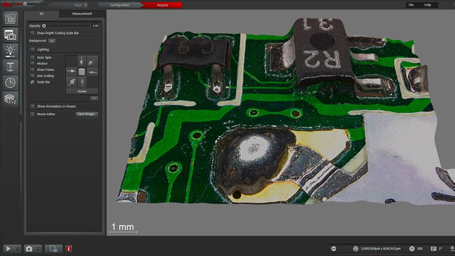 Abbildung 4: 3D-Bild eines Teils einer Leiterplattenbaugruppe mit integriertem Schaltkreis-Chips (IC) und einer Lötverbindung; erfasst mit einem DVM6 unter Verwendung der EDOF-Funktion von LAS X. Siehe auch das gleiche Bild unten mit Farb-Z-Skala.