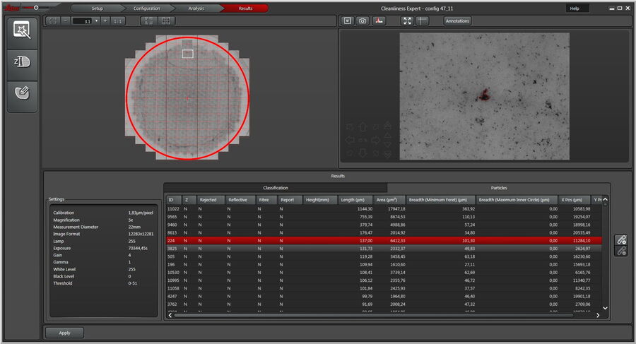Analysis of particles on a filter performed with the Cleanliness Expert software. 