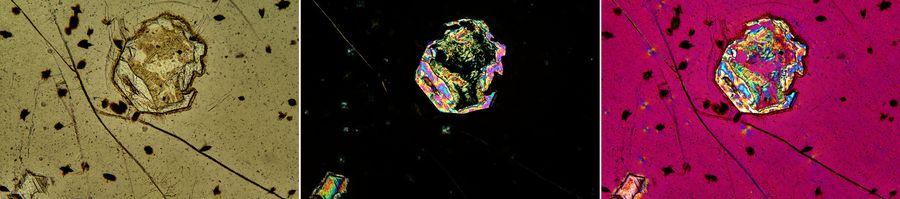 Obsidian volcanic glass containing the mineral olivine imaged with Left) parallel polarizers, Middle) crossed polarizers only, and Right) crossed polarizers and a lambda plate. Images were acquired with the Visoria P microscope using a 10x, 0.3 NA Plan Fluotar objective and the K5C digital microscope camera.