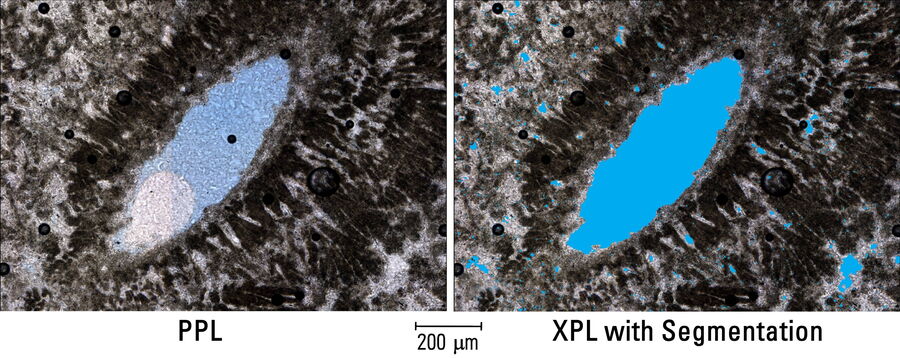 ViP image of carbonate with plane polarized light (PPL) and crossed polarized light (XPL) showing finer details of pores and segmentation.