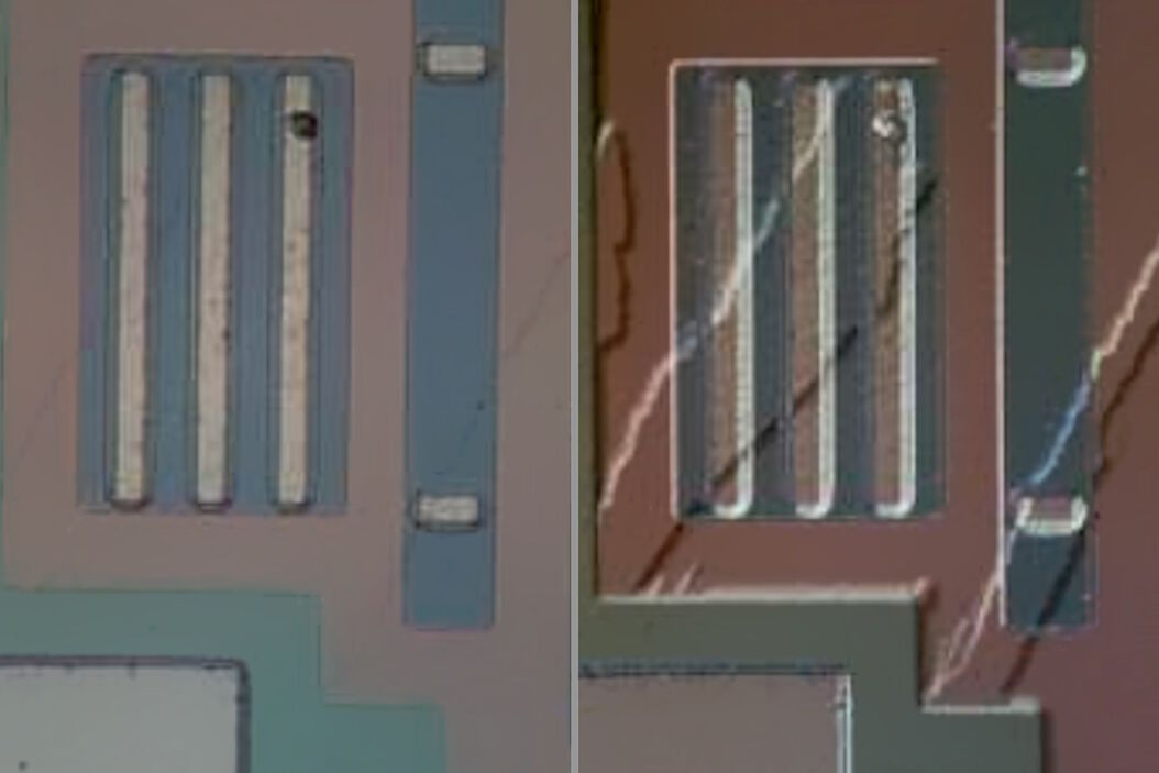 Images of the same area of a processed wafer taken with standard (left) and oblique (right) brightfield illumination using a Leica compound microscope. The defect on the wafer surface is clearly more visible with oblique illumination. Images of the same area of a processed wafer taken with standard (left) and oblique (right) brightfield illumination using a Leica compound microscope. The defect on the wafer surface is clearly more visible with oblique illumination. Processed_wafer_standard_and_oblique_brightfield_illumination.jpg
