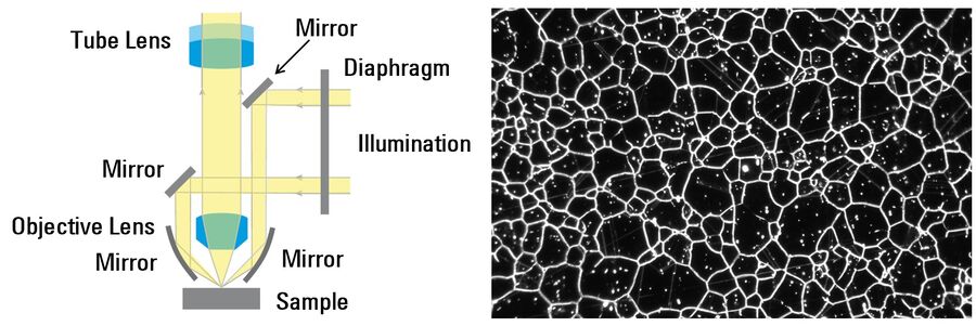 Schematic for microscope darkfield illumination and steel alloy image recorded using darkfield. 