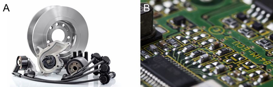 Example of A) automotive parts and components and B) a printed circuit board (PCB) for which cleanliness analysis can play an important role during quality control and production.