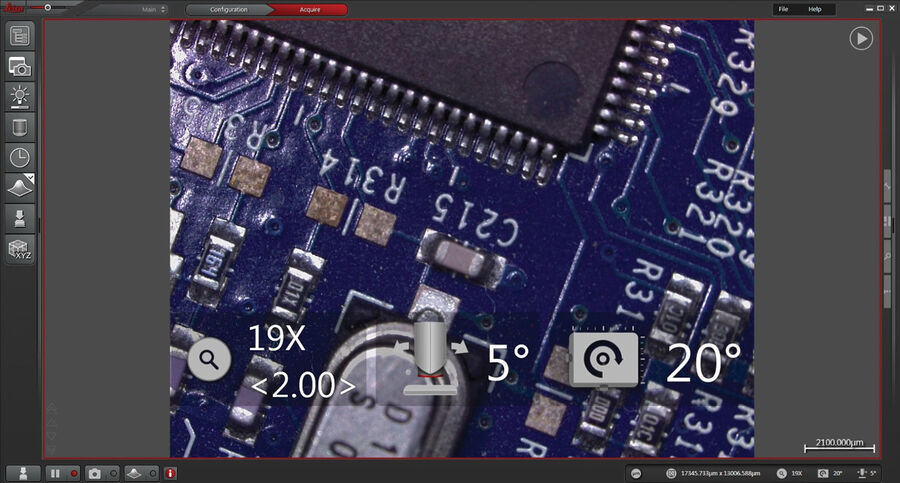 Operation panel of LAS X for the DVM6: The total magnification value (19x, <2.00> is the zoom factor) from objective and zoom optics, microscope-head tilting angle (5°), and stage rotation angle (20°) are encoded. The same parameters are also displayed in the lower right corner.