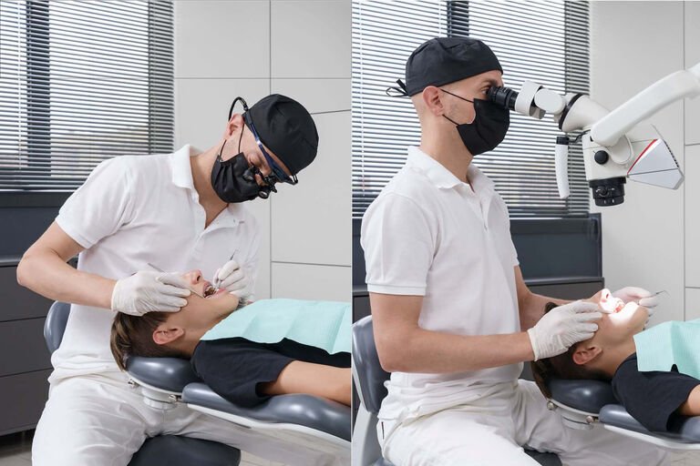 A la izquierda, el Dr. Luca Dusi trabaja con lupas quirúrgicas; las lupas lo obligan a inclinar la cabeza, doblar los hombros y encorvar ligeramente la espalda. A la derecha, trabaja en posición erguida utilizando el microscopio dental M320.
