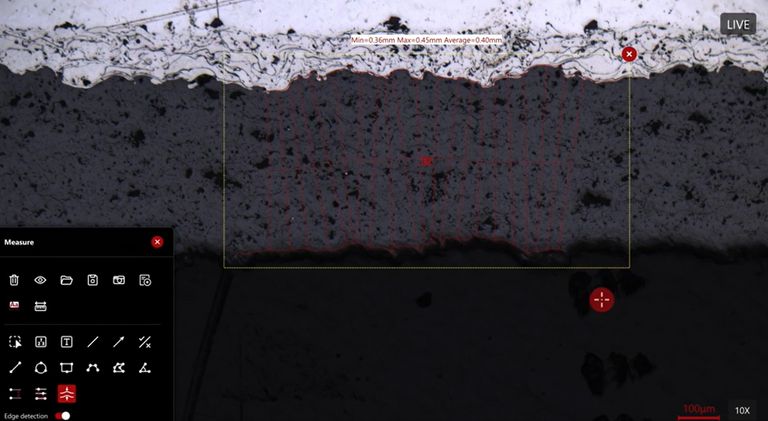 The semi-automated measurement provides the minimum, maximum, and average thickness information of a coating or layer.