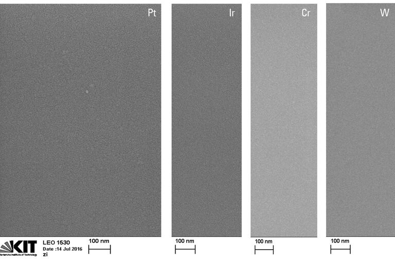 SiOx 기판 위에 증착된 다양한 재료의 2nm 두께의 미세 입자 스퍼터 코팅, 200k배 배율.
