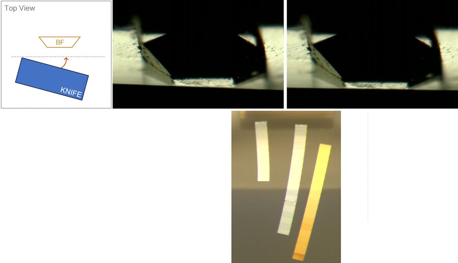 图6：调整切片刀角度。左上：切片刀和样品块面的示意图。蓝色切片刀以其边缘与块面平行的方式转动。中上图像：底照光照亮的块面图像。切片刀边缘在图像底部可见为黑色条纹。切片刀边缘必须与块面的下边缘平行，但在这里并非如此。右上图像：调整切片刀角度，使其与块面边缘平行。下图像：切片在切片刀水槽中形成条带。切片具有完全平行的边缘，因此彼此粘附。