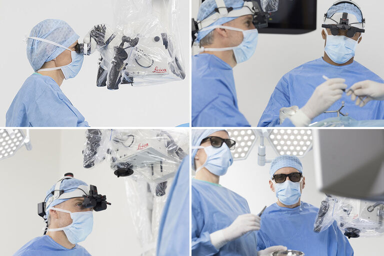 Sie haben die freie Wahl zwischen drei austauschbaren Betrachtungsoptionen: traditionelle Okulare*, MyVeo-Headset, 3D Heads-up-Display (HUD) Chirurgie