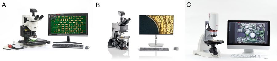 Examples of a: A) M205 C stereo  microscope with zoom optics; B) Visoria M materials compound microscope with fixed optics; and C) DVM6 digital microscope.