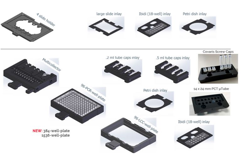 Assortment of sample holders and collection trays that are used with the LMT350 stage for dissection.