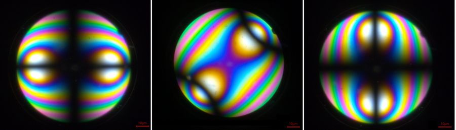 Conoscopic images of muscovite (biaxial crystal) with linear polarized light where the sample is rotated by Left) 0°, Middle) 45°, and Right) 90°. Conoscopy performed with the Visoria P microscope using a 63x, 0.8 NA N Plan objective and the Flexacam c5 digital microscope camera.