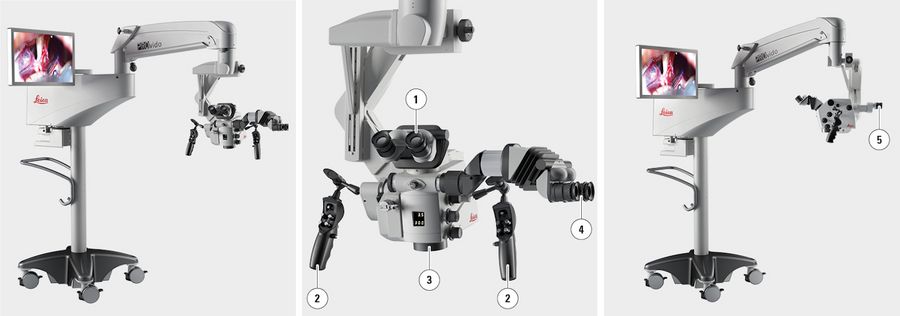 Lateral assistant (left and middle): 1. Main/surgeon’s binocular tube, 2. Joystick handles, 3. Focusing lens, 4. Assistant’s  inocular tube. Assistant opposite (right): 5. Assistant’s binocular tube.