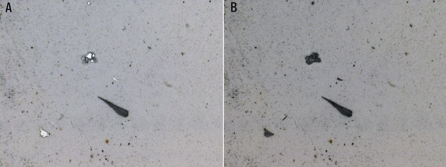 Optical microscope images of reflective and non-reflective particles taken A) without and B) with crossed polarizers.