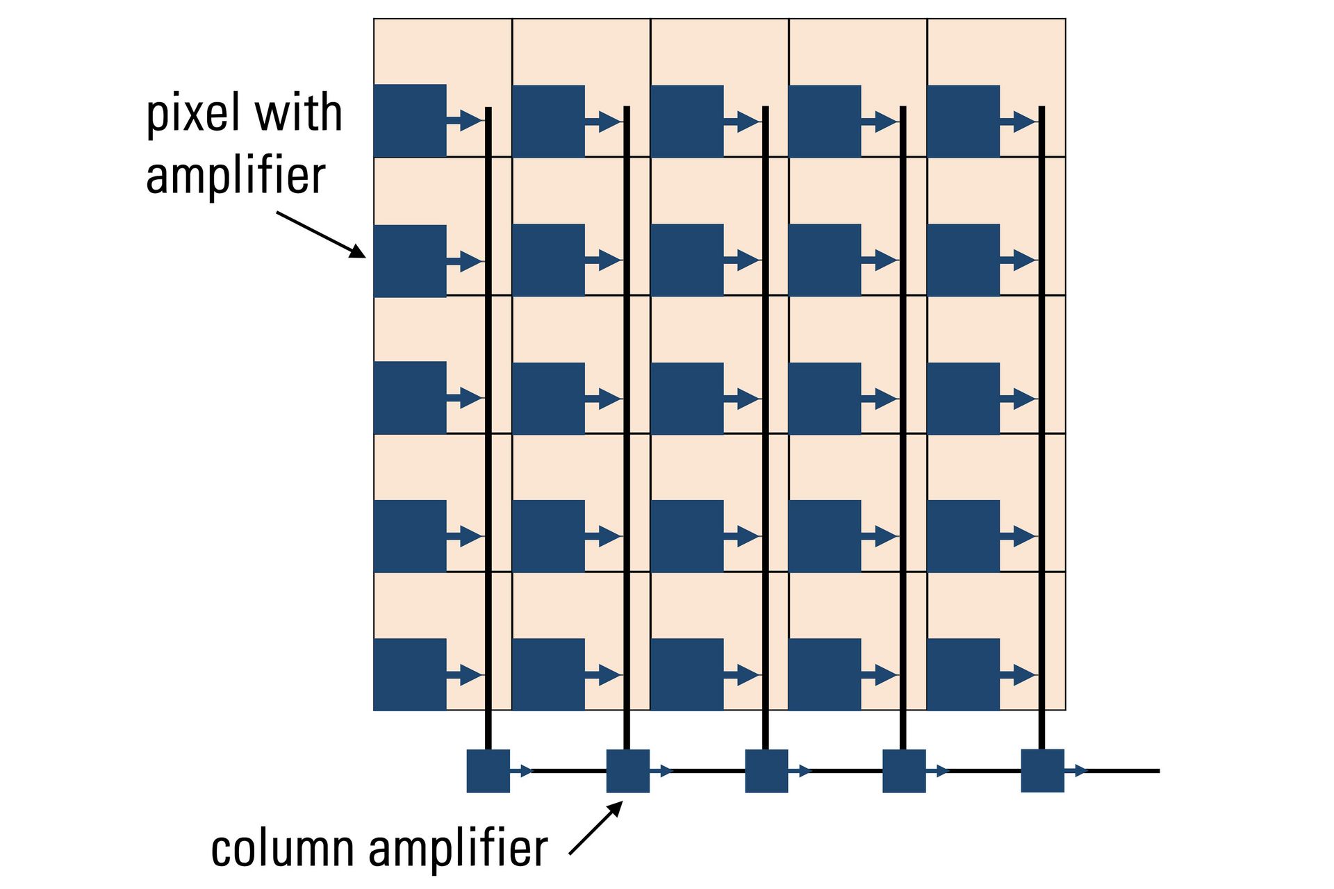 Figure 8: The basic imaging principle for a CMOS sensor: Incoming light hits the image sensor in the form of photons and generates electrons. Each pixel has an amplifier. Each column has an additional amplifier and analog-digital (AD) converter (not shown) which converts the voltage into a digital image signal.