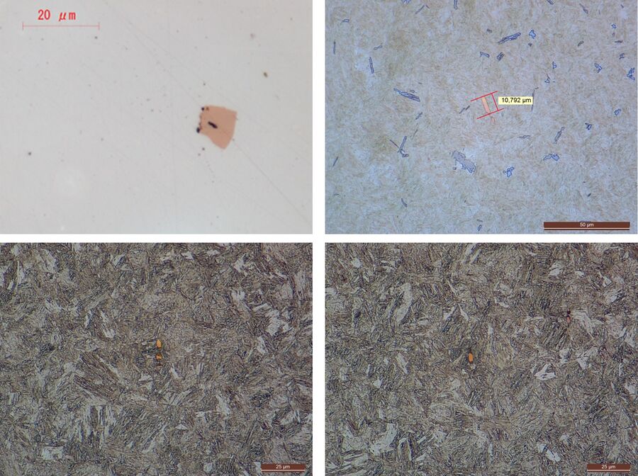 Images of hardened steel used for hot stamping showing the characteristic yellowish orange color and square block shape of titanium carbonitride inclusions which can be isolated or grouped together.