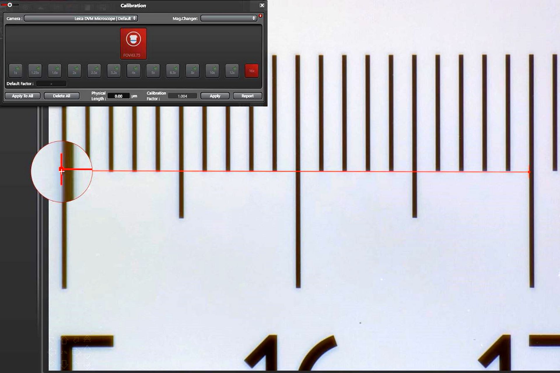Example of calibrating a microscope at a higher magnification value using a stage micrometer.