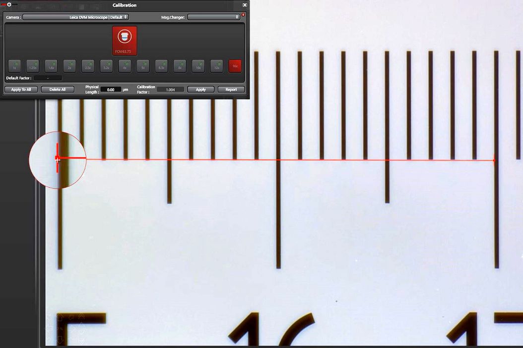 Example of calibrating a microscope at a higher magnification value using a stage micrometer. Calibrating_a_microscope_using_stage_micrometer.jpg
