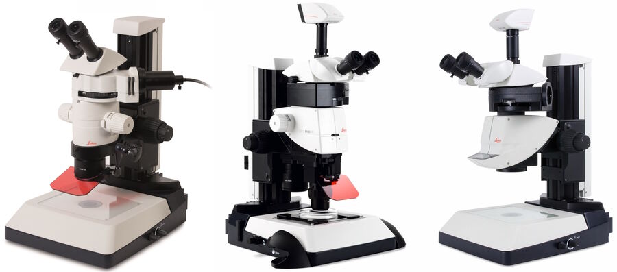 Figure 12: Left: MZ10 F fluorescence stereo microscope with a TL3000 light base. Middle: M165 FC fluorescence stereo microscope with a Leica TL light base. Right: M205 FA fluorescence stereo microscope with motorized stage.