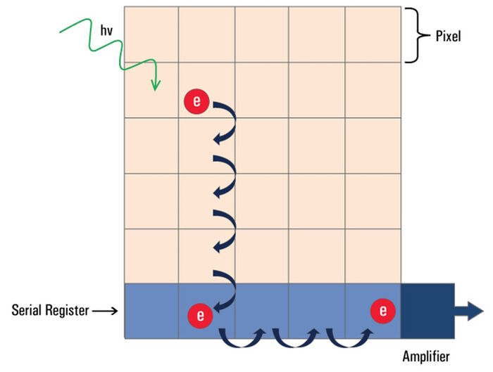 Basic imaging principle. Incoming light hits the image sensor in form of photons accordingly generating electrons. These are transported pixel by pixel to the serial register and subsequently run through an amplifier. The generated voltage can be converted by an analog-digital converter (not shown) to a digital image signal.
