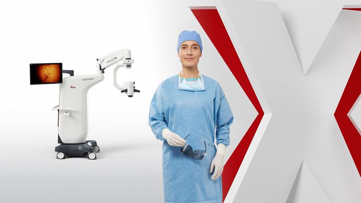 Ophthalmic surgeon with 3D glasses, Proveo 8x microscope in retina surgery, and Proveo 8x logo.