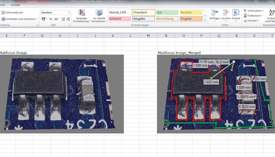 Abbildung 13: Erstellter Bericht aus Messungen: Bildregisterkarte der Excel-Datei mit Messungen und 3D-Bild des PCBA-Bereichs.