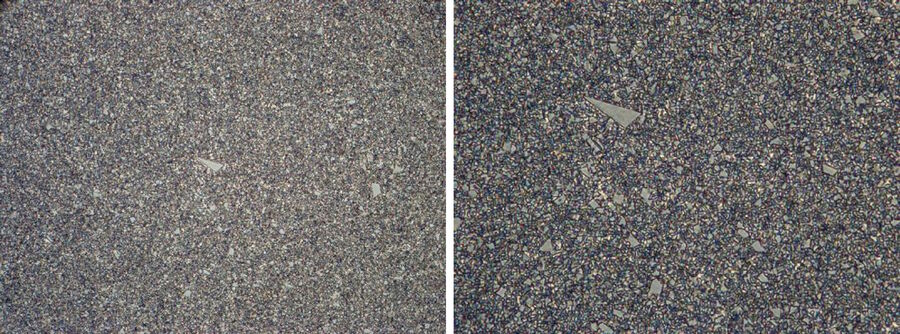 Fig. 3: Images of the microstructure, 0.6 µm initial grain size, of a hard metal with 10% cobalt (Co) which is used for production of heavy-duty tools. They were acquired with: left)  an air objective, NA = 0.90 and right) oil immersion objective, NA = 1.30. Courtesy of Konrad Friedrichs GmbH & Co KG, Kulmbach, Germany.