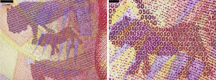 South African 50 Rand bill with more detail seen after zooming in (right).