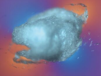 Fig. 3: Felt-like aggregate of recrystallised tin oxide. Glass inclusion with strong photoelasticity in the surrounding glass, transmitted light polarisation contrast + lambda plate + oblique incident illumination, HC PL Fluotar 10x Pol, image width: 1 mm.