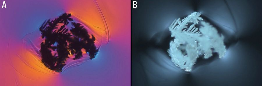 Recrystallized zirconium oxide typically becomes crystal aggregates in a knot. Again here is an example of a glass inclusion with high photoelasticity in the surrounding glass. Images acquired with transmitted light, polarisation contrast, a HC PL Fluotar 5x objective, and A) a lambda plate or B) oblique incident illumination. The image width is 2 mm.