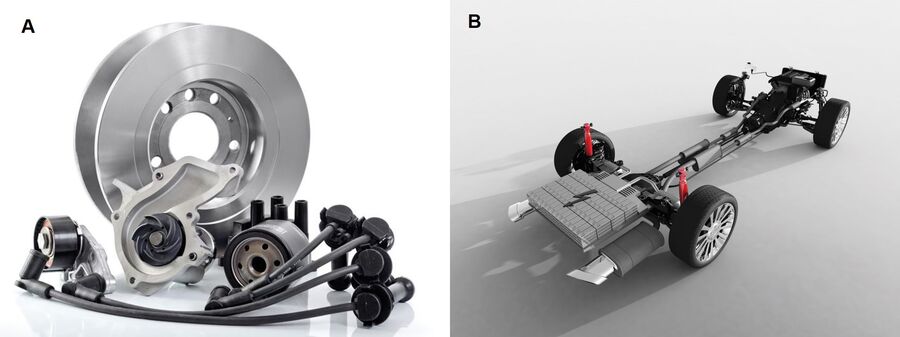 Figure 1: Technical cleanliness is important for parts and components used in the automotive and electronics industries: A) Various automotive parts including a hub, filter cannister, pump, sparkplug cables, etc. and B) engine, drivetrain, suspension, wheels, and batteries of a hybrid vehicle showing both electronic and automotive components.