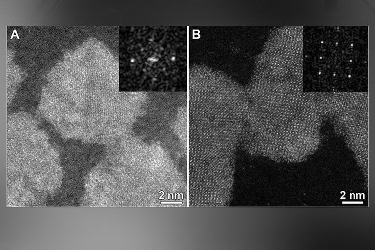 A：従来のカーボン膜（膜厚 15 nm）、B：超薄型カーボン膜（膜厚3 nm）。 CdSe量子板の格子を容易に観察 画像取得：Eva Bladt, Sara Bals（EMAT，University of Antwerp，Belgium） 提供： Frederic Leroux, Jan de Weert。 サンプル提供： Daniel Vanmaekelbergh、Debye Institute for Nanomaterials Science、University of Utrecht