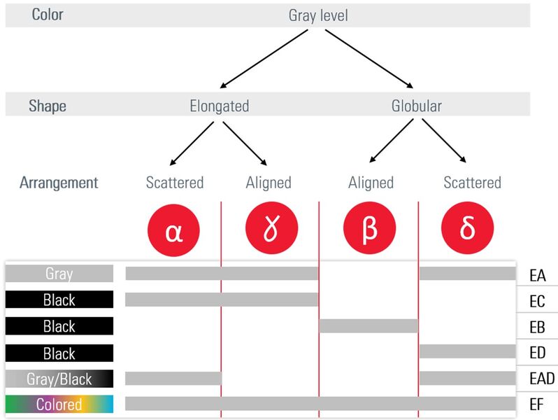 Inclusion classification categories (α, β, δ,γ) defined by the standard EN 10247.