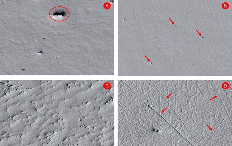 Microscope images of polished steel samples showing preparation defects