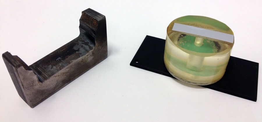 Left) The metal sample placed with its single polished surface facing downwards can be easily observed with an inverted microscope. Right) The metal sample has been cut from a larger object, mounted/embedded in resin, ground and polished, placed on a sample holder, and levelled with a press before it can be observed with an upright microscope. There is the same advantage for observing cross sections of electronic components with an inverted microscope.